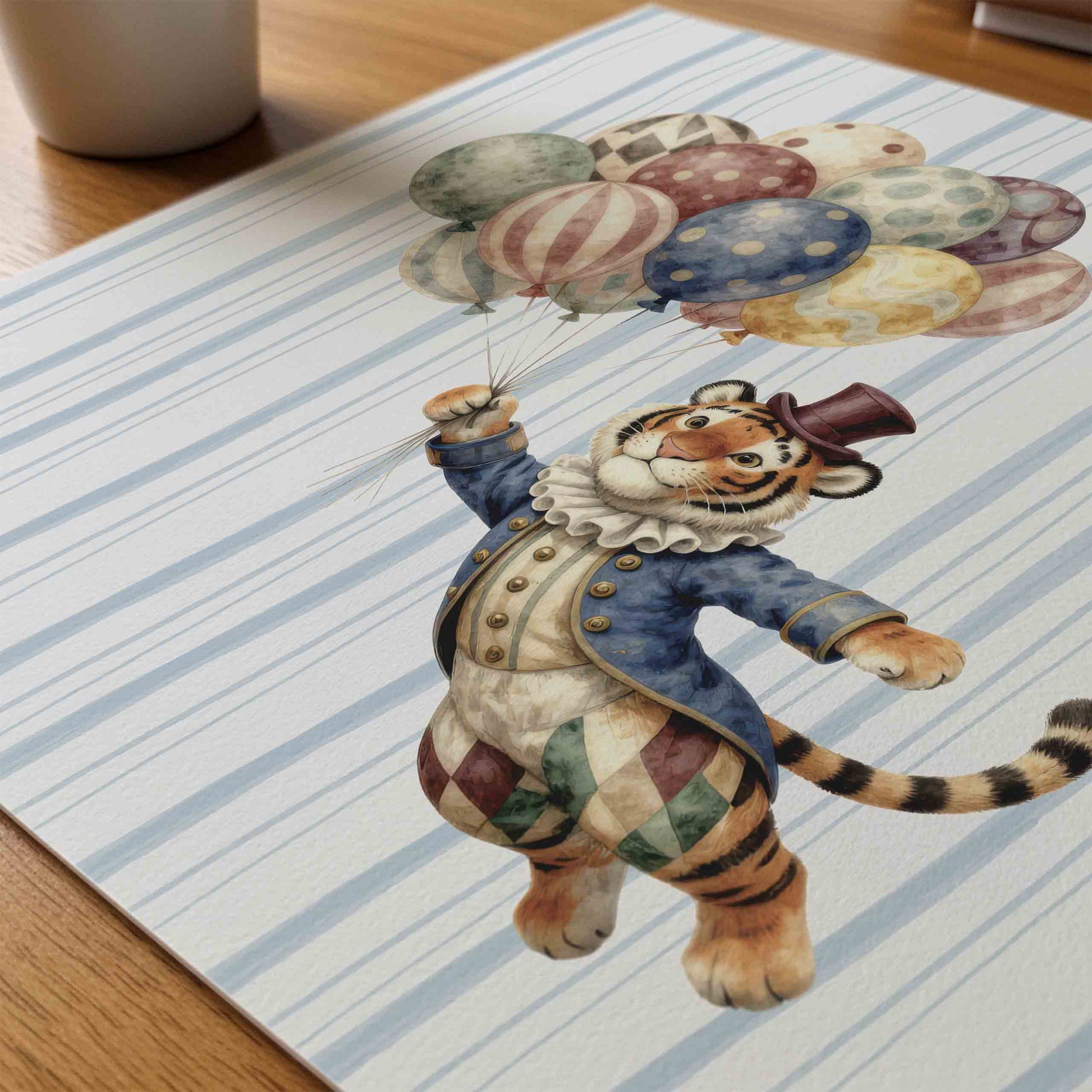 Watercolor tiger with balloons print on blue stripes for a circus nursery room
