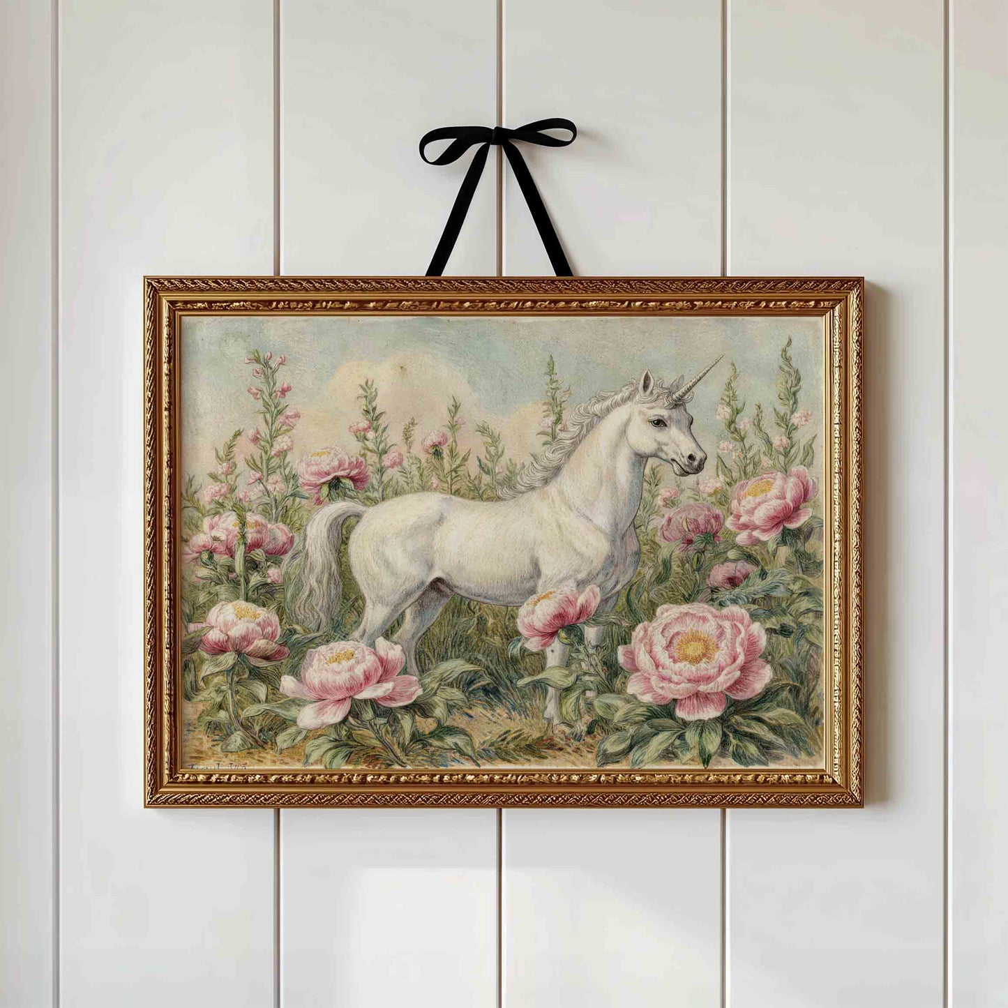 Watercolor unicorn with roses print styled for a fairytale princess nursery room
