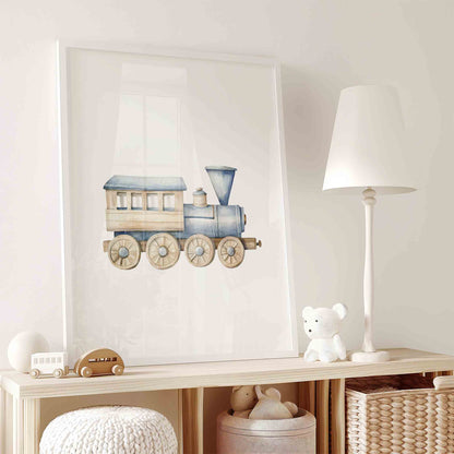 Watercolor vintage airplane print in dusty blue for a boys adventure nursery room
