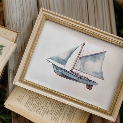 Watercolor vintage automobile print in dusty blue for a boys transportation nursery