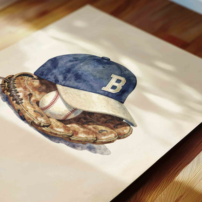 Watercolor vintage baseball glove print for a boys nursery room decor