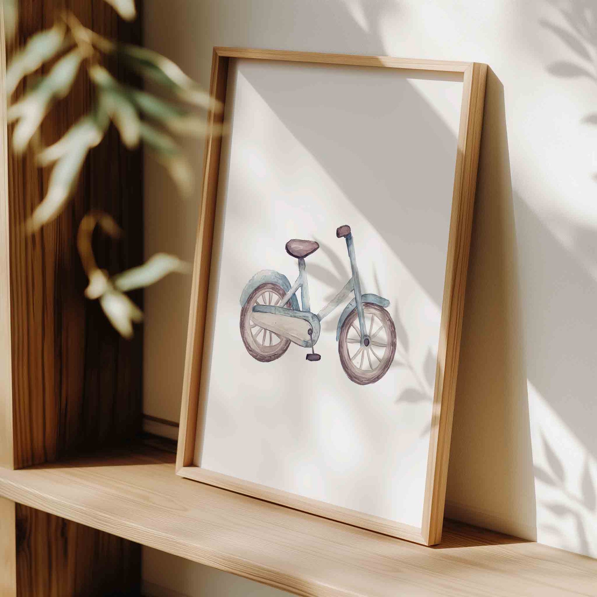 Watercolor vintage bicycle print in dusty blue for a boys adventure nursery room