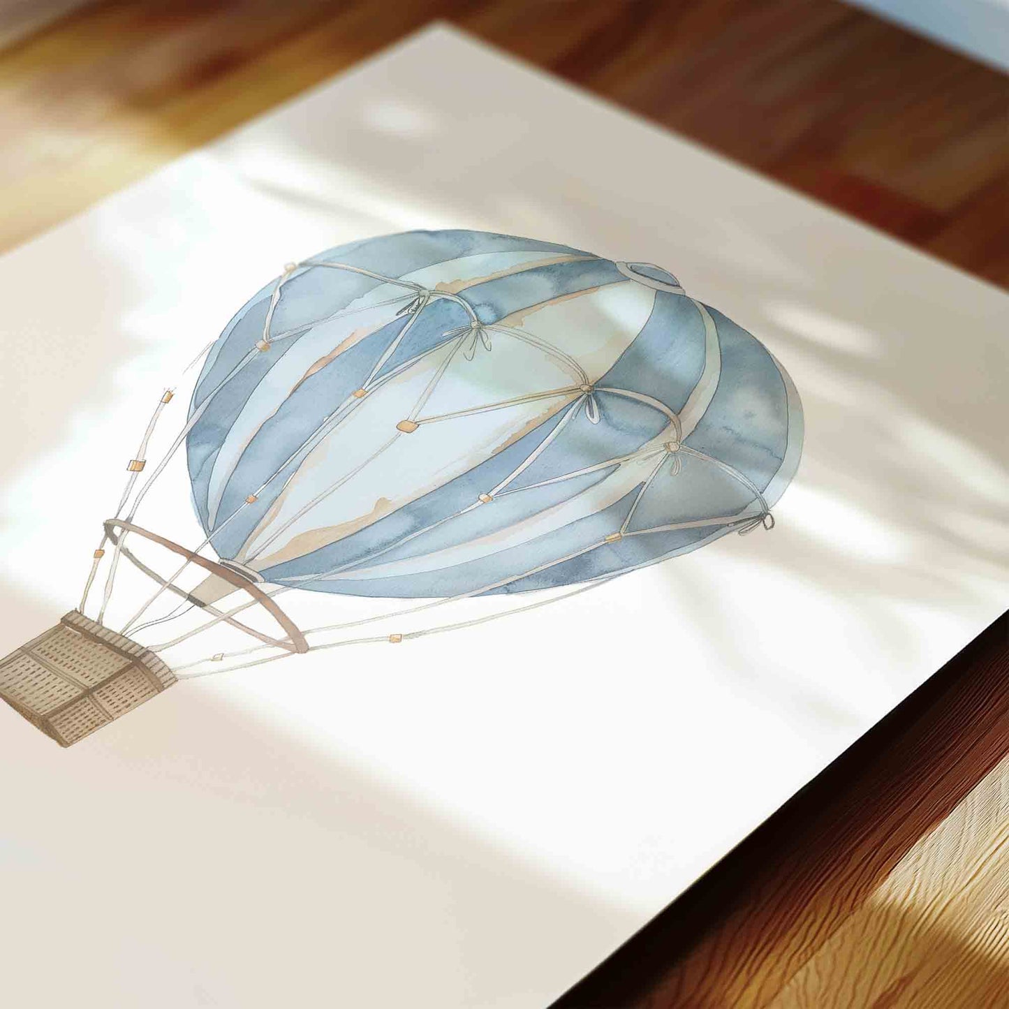 Watercolor vintage hot air balloon print in dusty blue for a boys transportation nursery