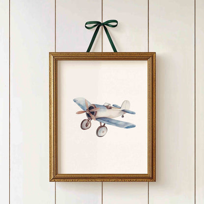 Watercolor vintage sailboat print in dusty blue for a boys transportation nursery wall