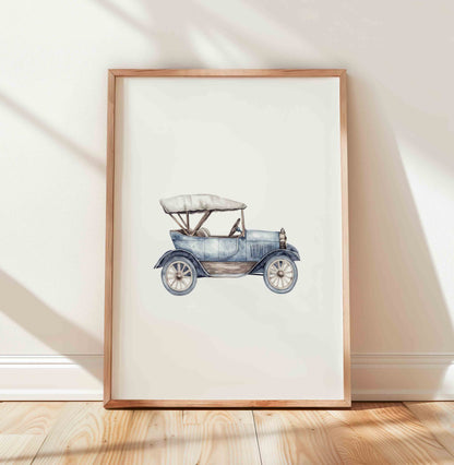 Watercolor vintage steam train print in dusty blue for a boys transportation nursery room