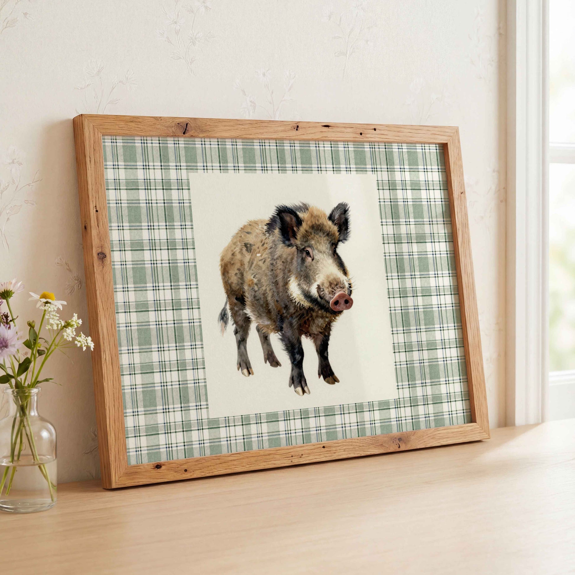 Watercolor wild boar print on gingham styled for a rustic woodland boys nursery room