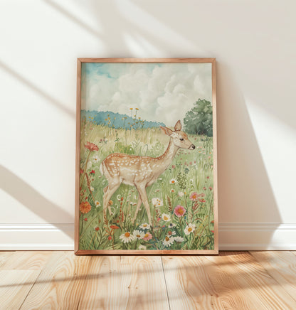 Watercolor wolf print in pine green tones for a wilderness nursery room