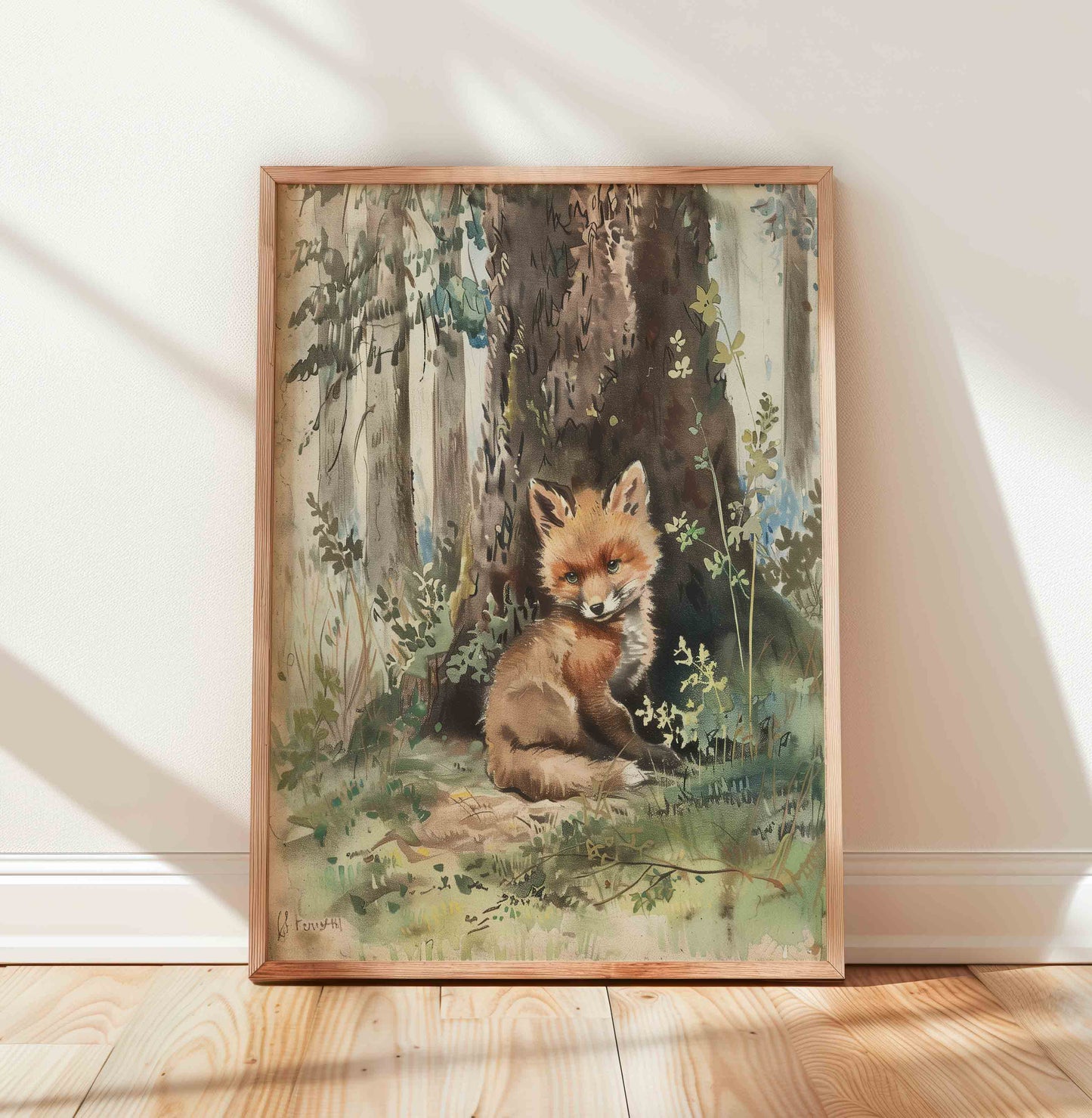 Watercolor woodland animal print in pine green and cream for an earthy nursery