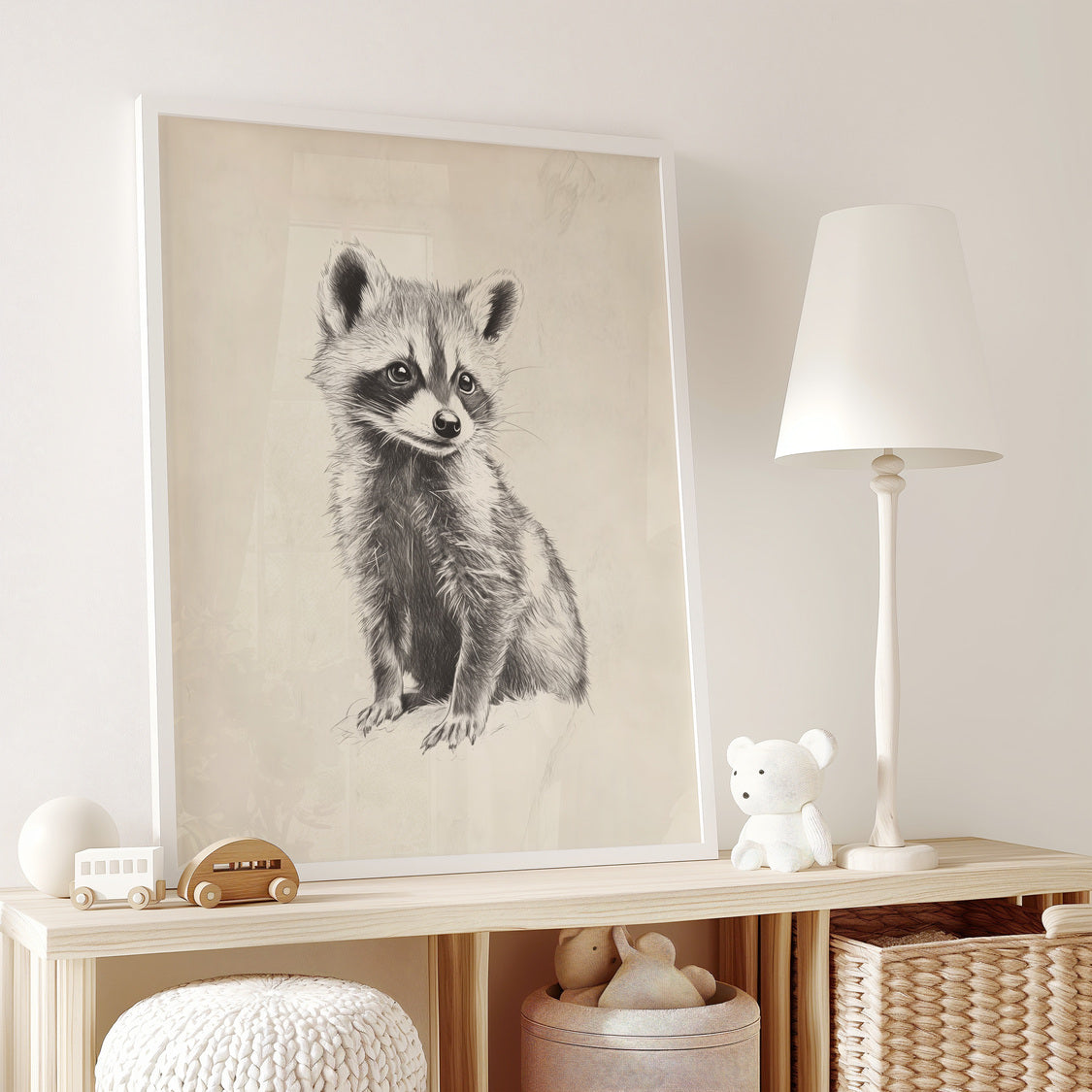 Watercolor woodland animal print in warm beige tones for a nursery room