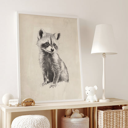 Watercolor woodland animal print in warm beige tones for a nursery room