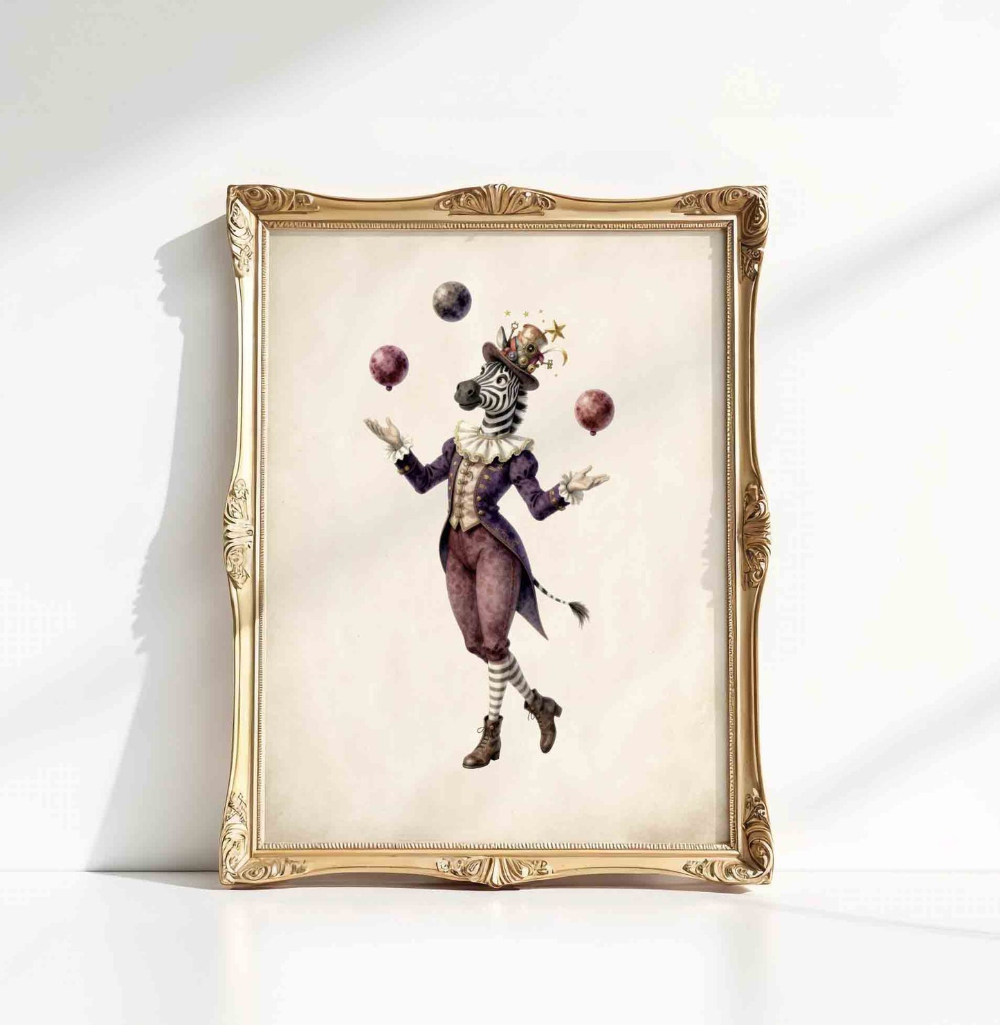 Watercolor zebra juggler print on harlequin diamonds styled for a circus nursery room