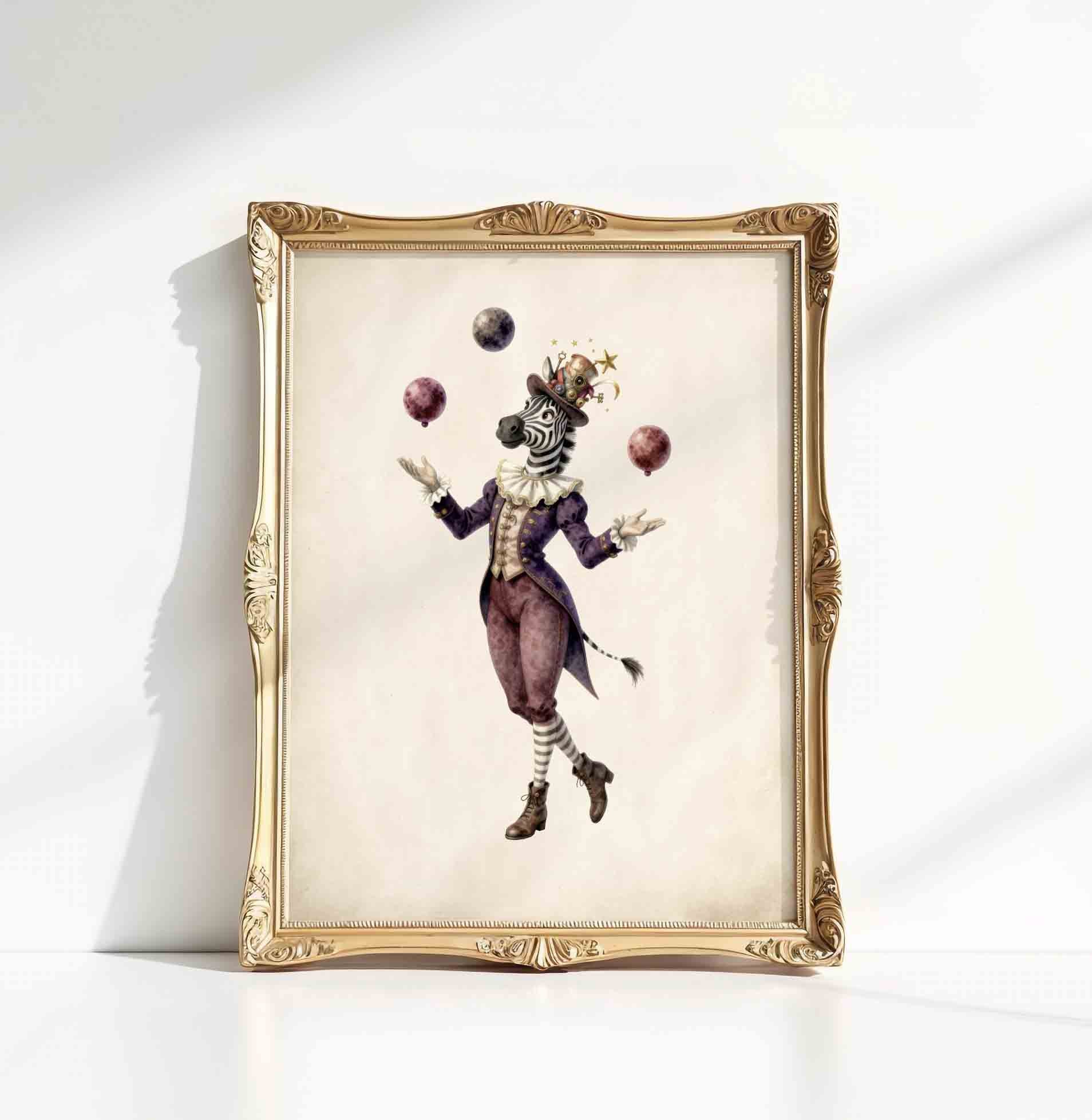 Watercolor zebra juggler print on harlequin diamonds styled for a circus nursery room