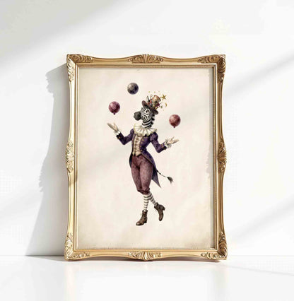 Watercolor zebra juggler print on harlequin diamonds styled for a circus nursery room