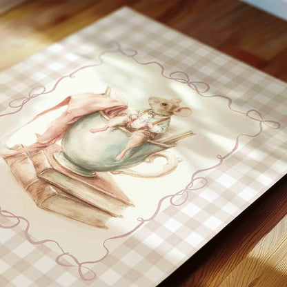 Whimsical mouse with teacup print on gingham for a vintage storybook nursery wall