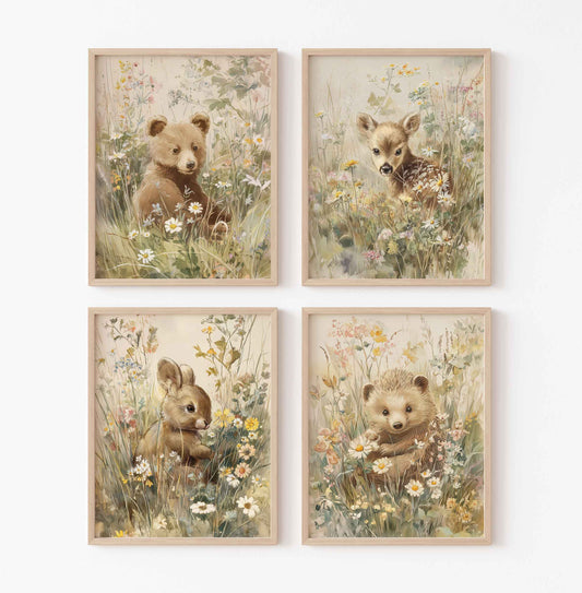 Whimsical woodland animal nursery print set of 4 featuring watercolor bear, deer, bunny and hedgehog in soft rustic tones