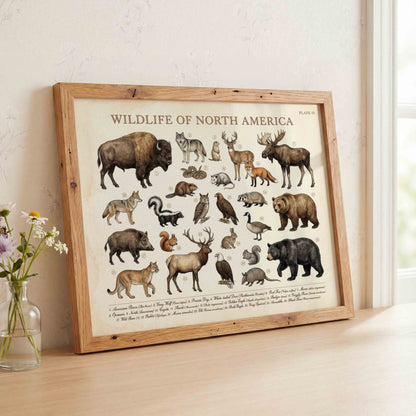 Wildlife of North America poster close up styled for a vintage woodland nursery room