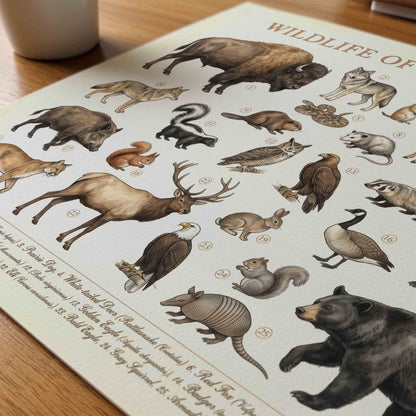 Wildlife of North America poster styled for a vintage woodland nursery room