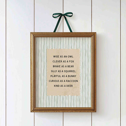 Wise as an owl woodland animal qualities typography print for a nursery room