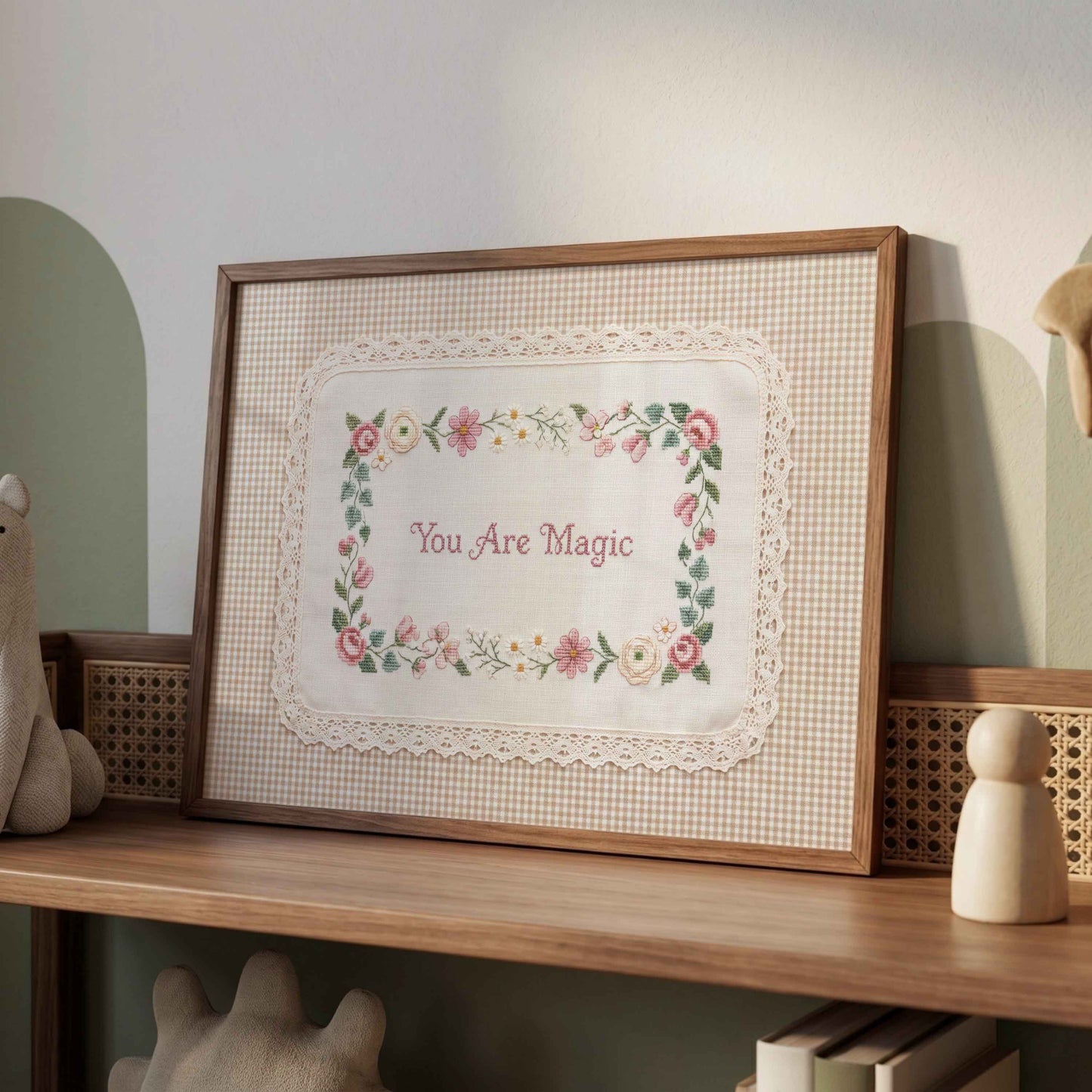 Faux embroidery cottagecore print with lace edged panel for a girls room
