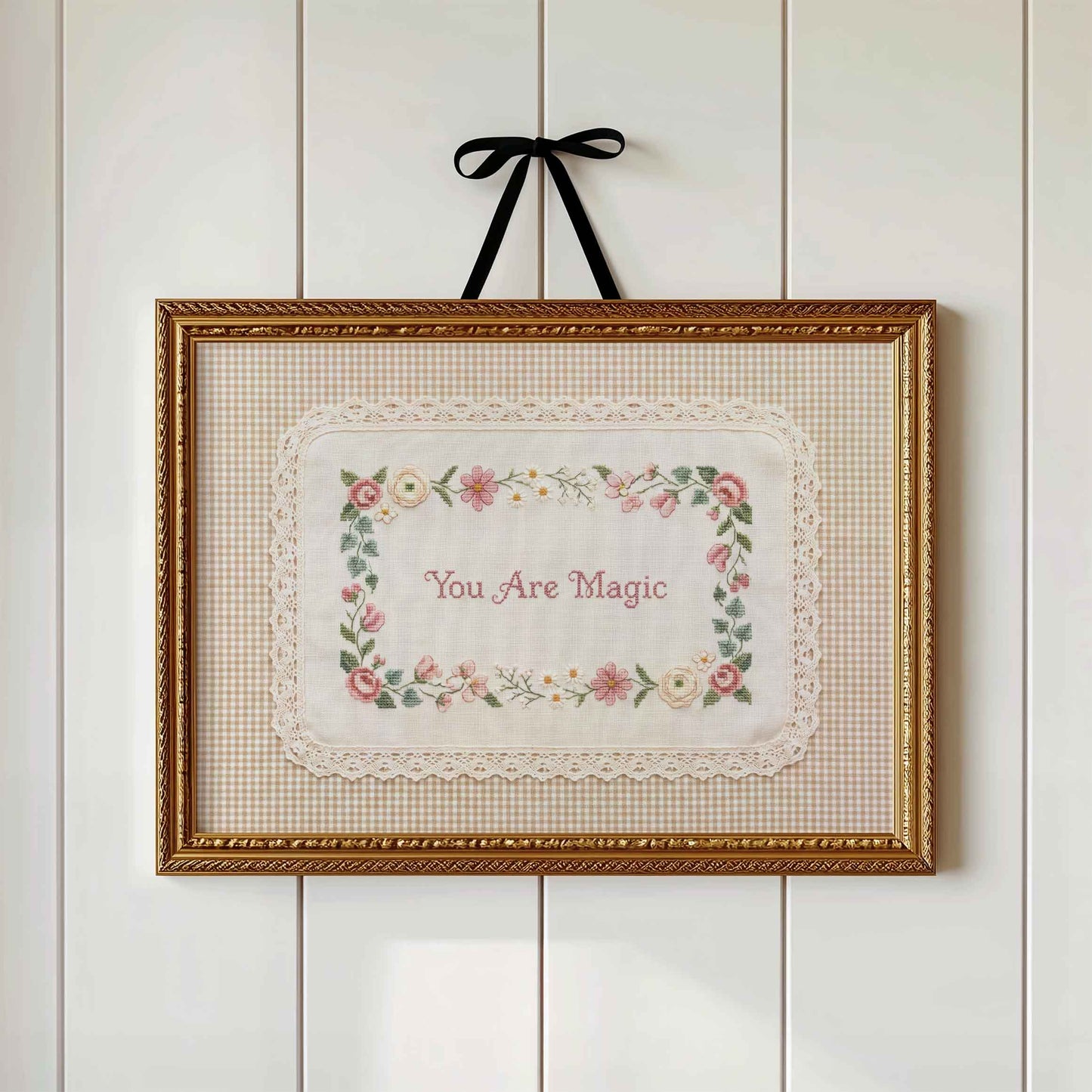 You Are Magic faux embroidery print in a wood frame for a girls nursery