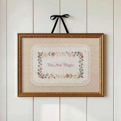 You Are Magic faux embroidery print in a wood frame for a girls nursery