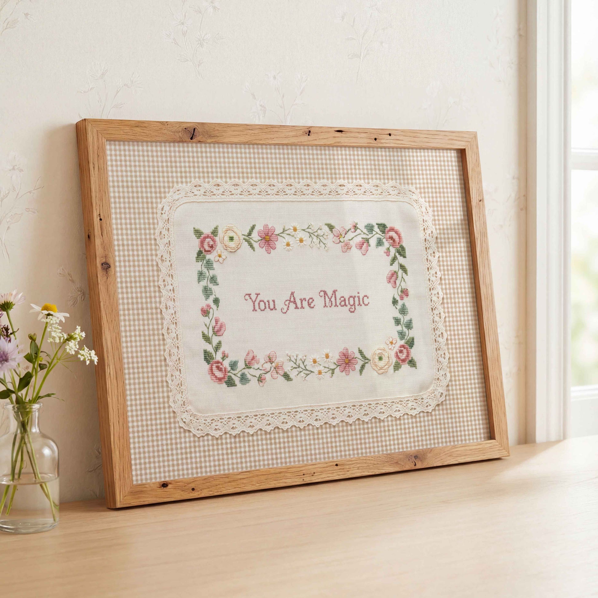 You Are Magic wall art with beige gingham fabric and pink rose border