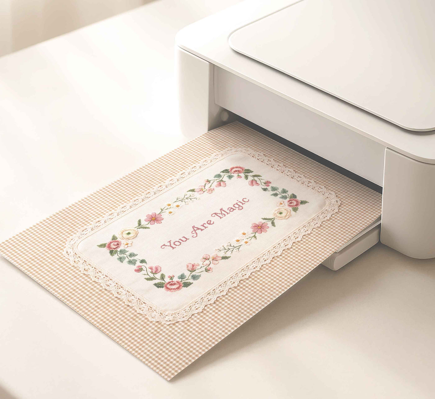 Vintage inspired nursery print with faux embroidery lettering and lace trim
