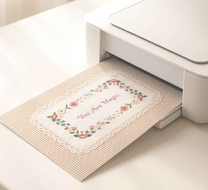 Vintage inspired nursery print with faux embroidery lettering and lace trim