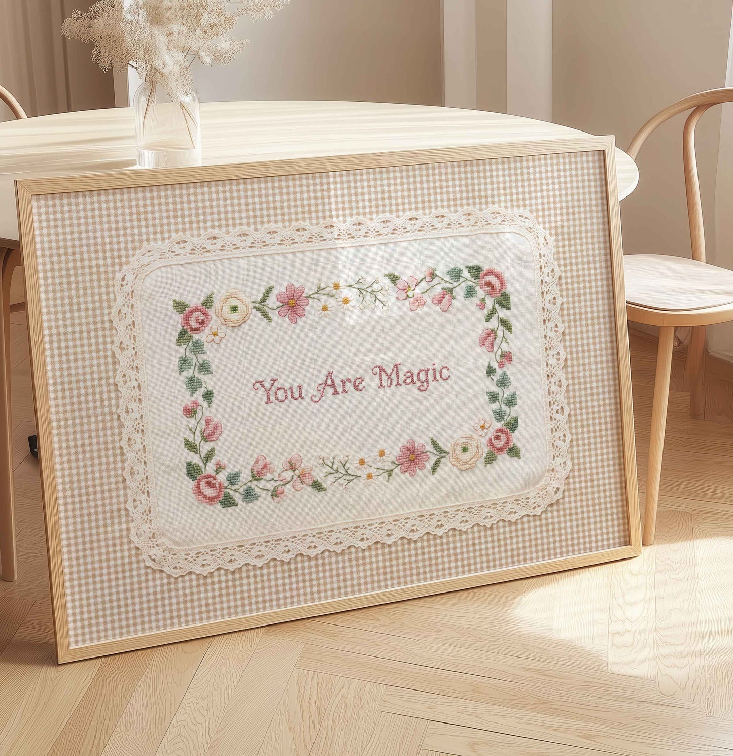 You Are Magic nursery sign with faux embroidery lettering and daisy trim
