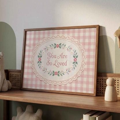 Framed You Are So Loved print with floral needlework border
