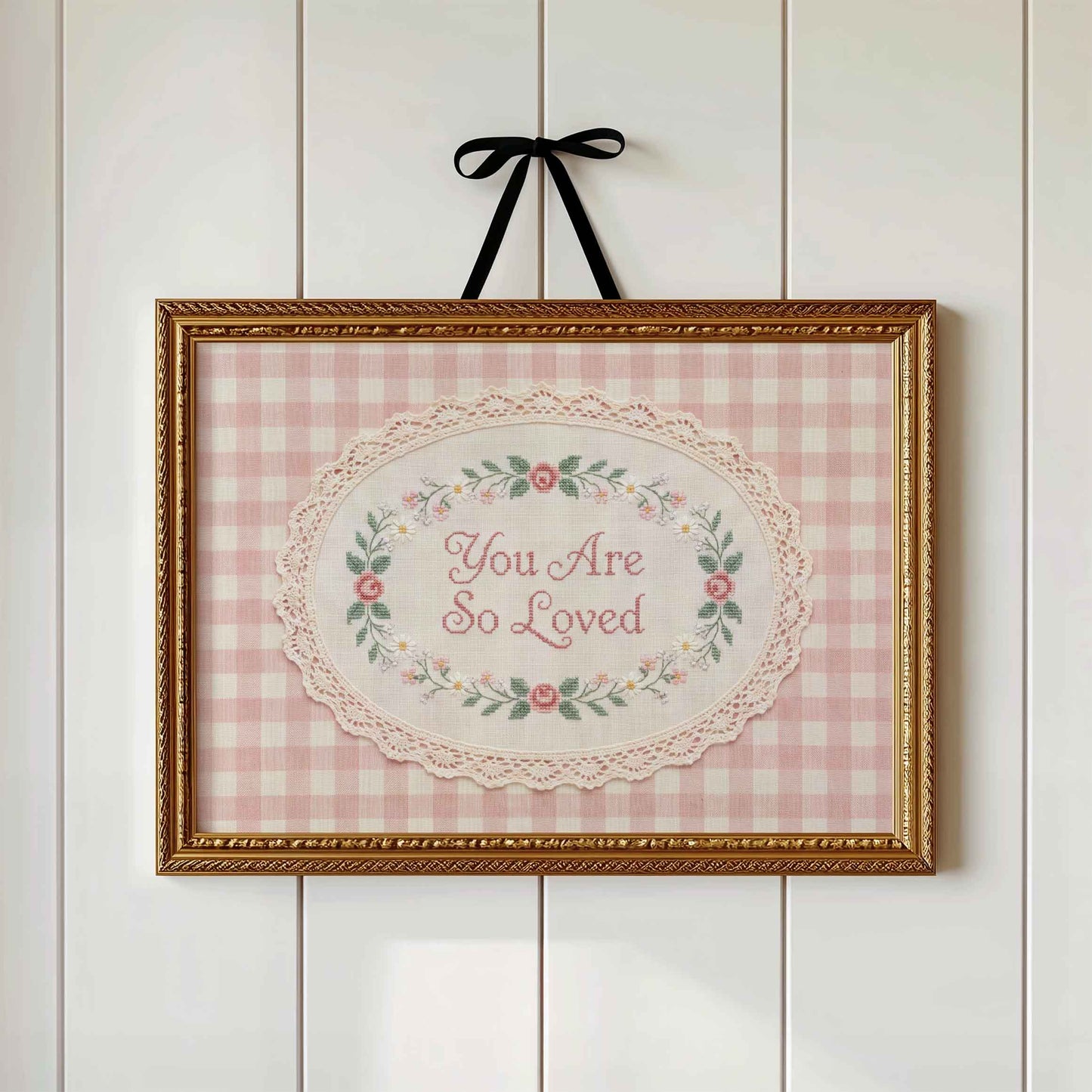 Vintage embroidery nursery wall art for a girls bedroom