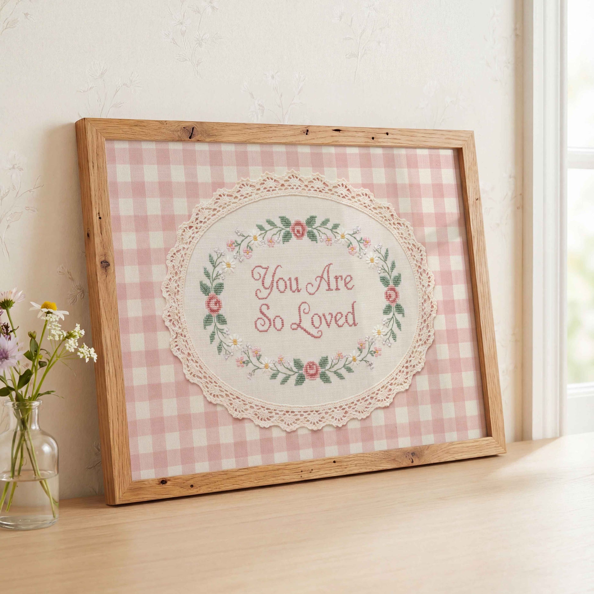 You Are So Loved print with pink floral cross stitch detail