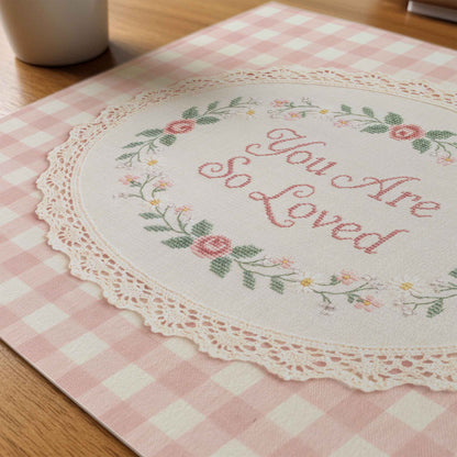Vintage cross stitch style nursery print with pink and cream gingham background