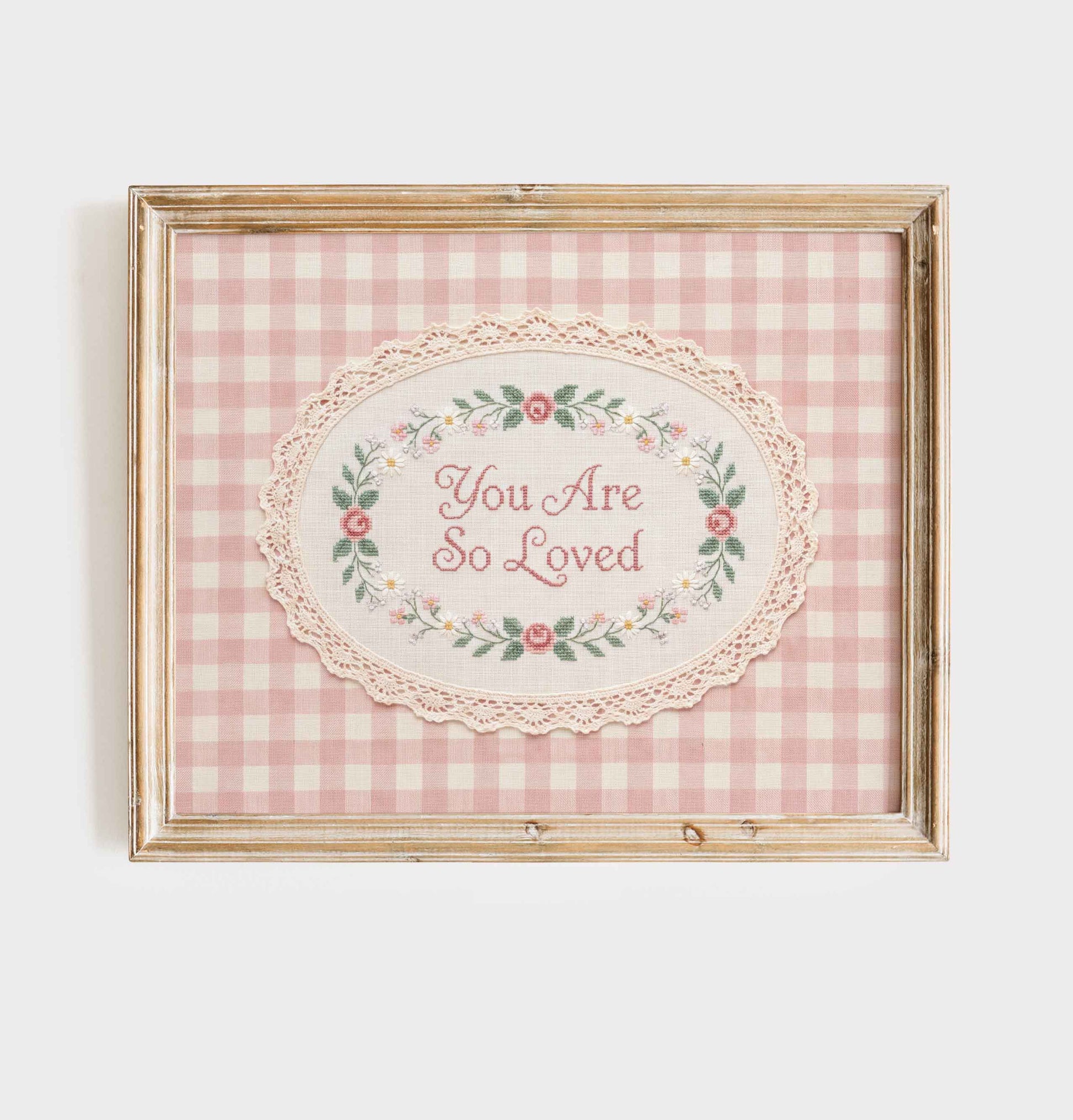 You Are So Loved faux embroidery print in an oval lace frame