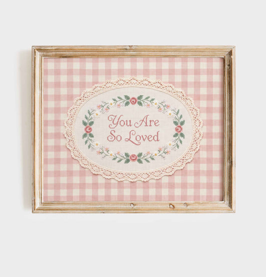 You Are So Loved faux embroidery print in an oval lace frame