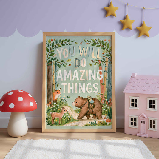 Retro wall art of a little bear with a backpack walking a forest path past a fawn and a fox, lettered You Will Do Amazing Things
