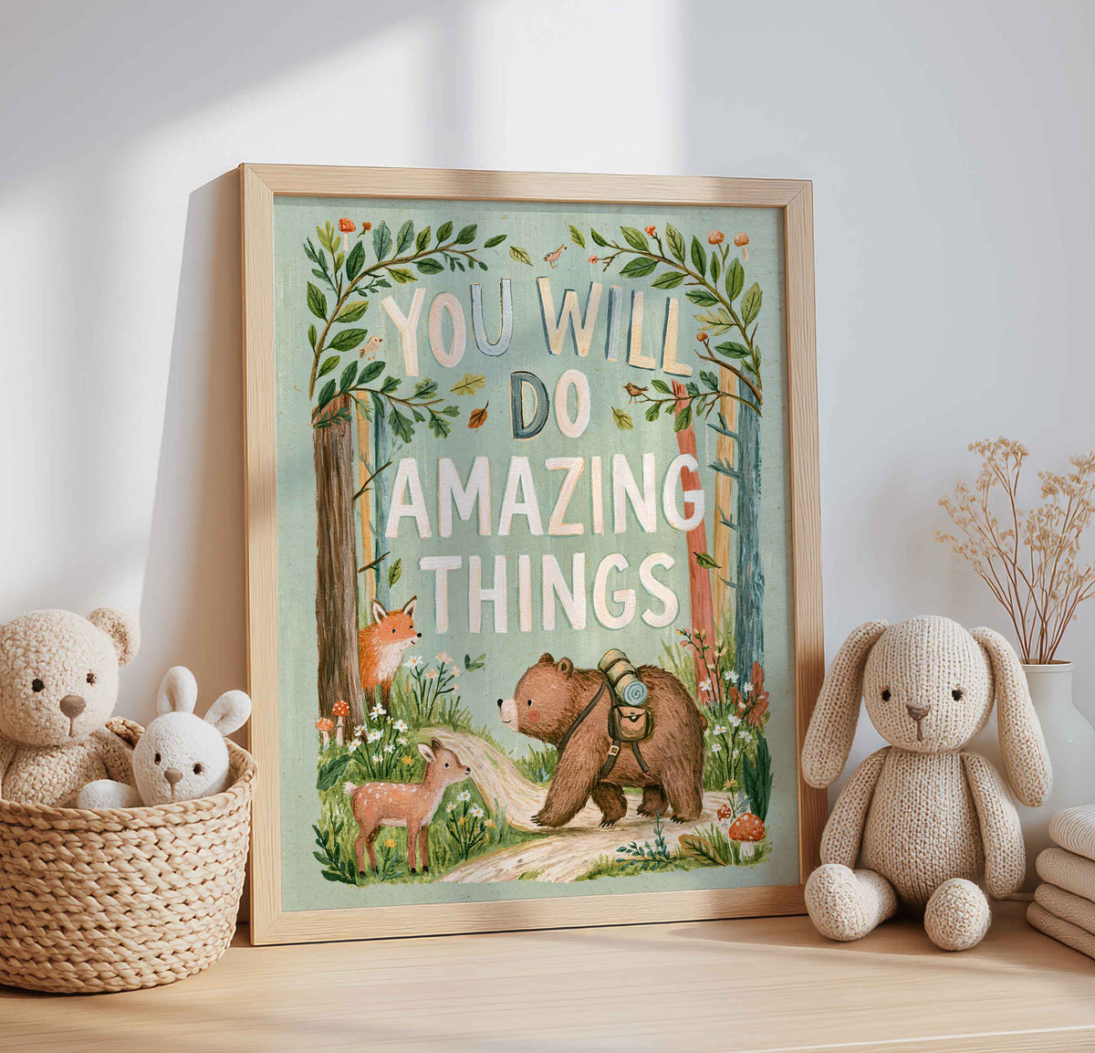 You Will Do Amazing Things in hand lettering on a retro bear on a forest path wall art print