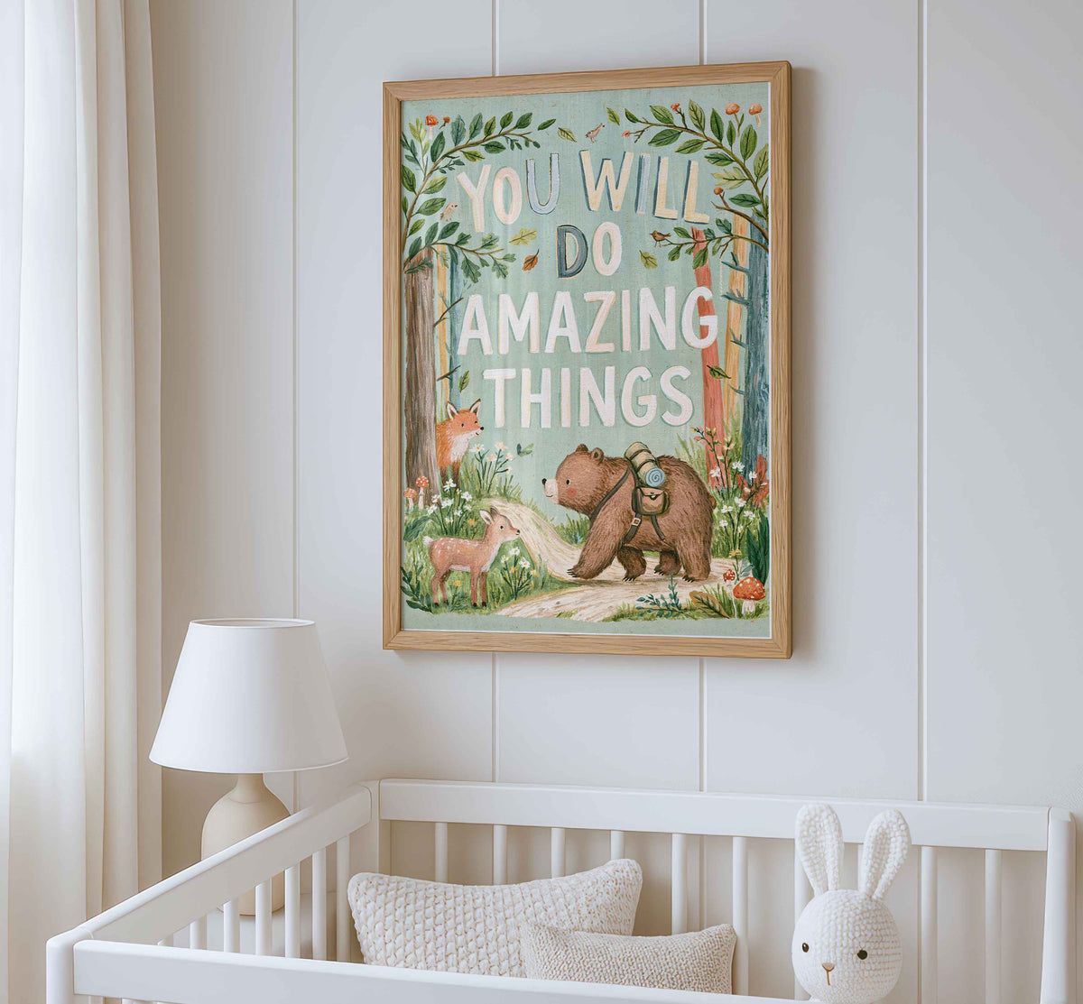 Retro wall art featuring a little bear with a backpack