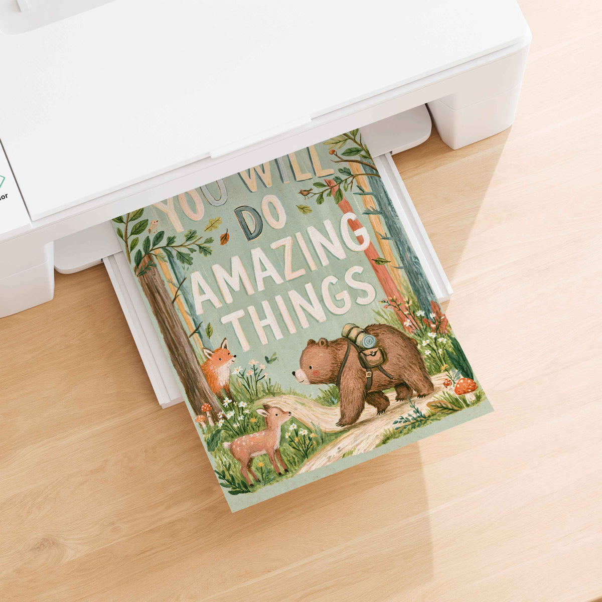 Retro bear on a forest path print in sage green, soft peach and leafy green