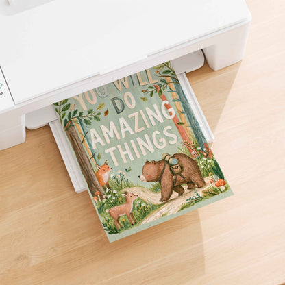Retro bear on a forest path print in sage green, soft peach and leafy green