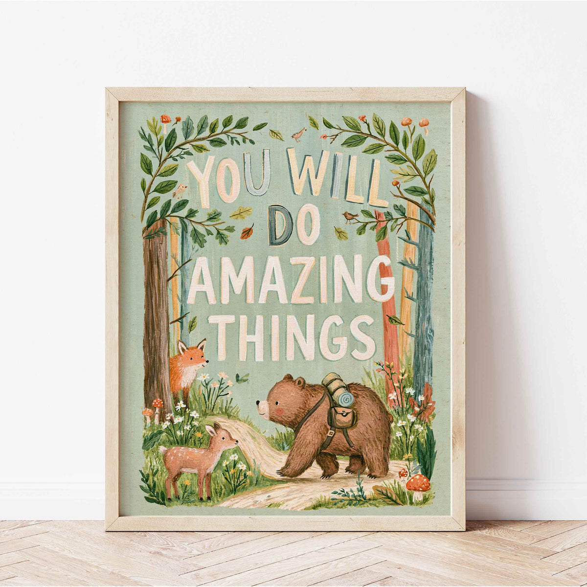 Retro wall art with a fawn and a fox watching from the side