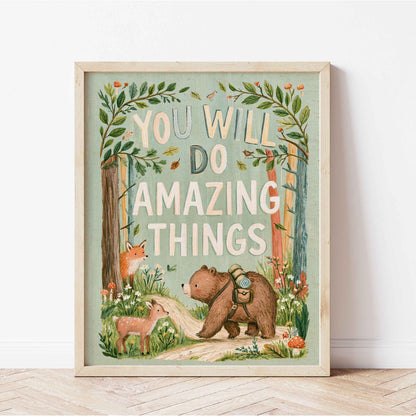 Retro wall art with a fawn and a fox watching from the side