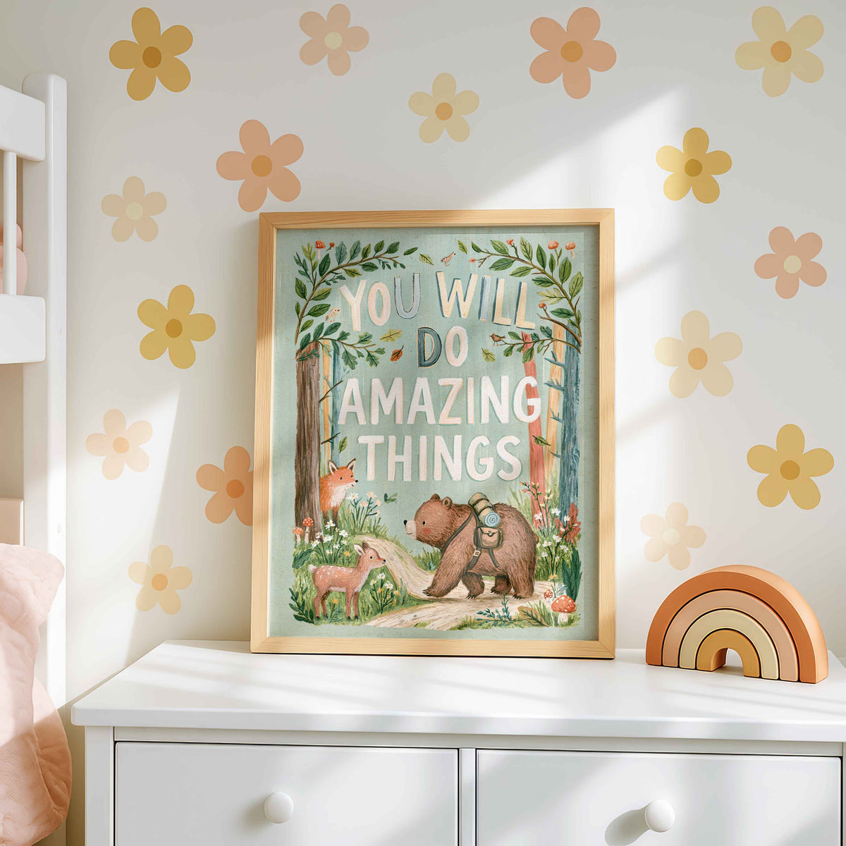Retro bear on a forest path wall art with leafy greens along the path